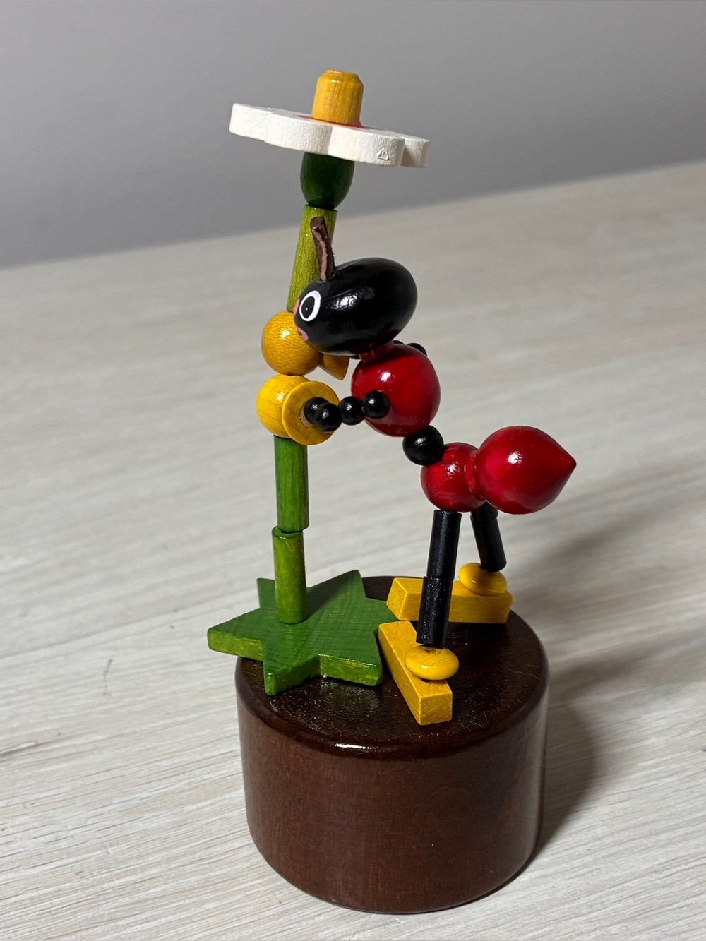 Vintage 90s Wooden Push Puppet Ant Folk Art Thumb Toy Whimsical Handcrafted